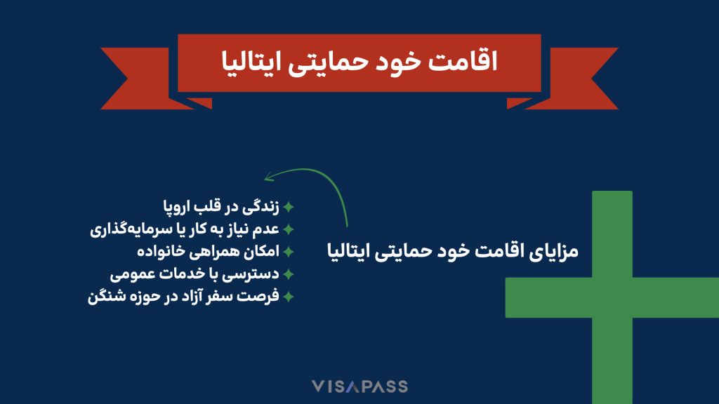 مزایا_اقامت_خودحمایتی_ایتالیا یک تصویر اینفوگرافی درباره مزایای دریافت اقامت خود حمایتی ایتالیا